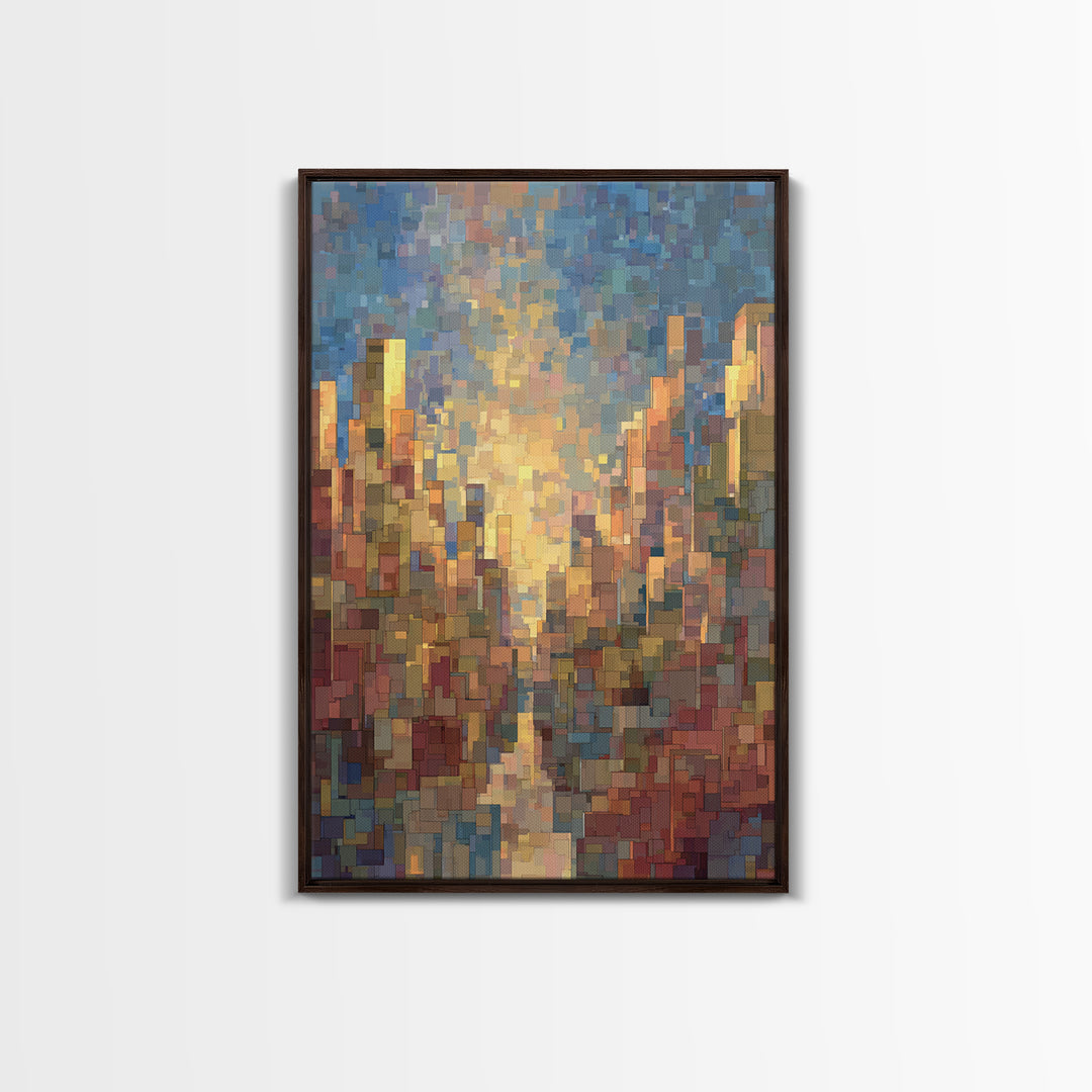 Pixelated Sunset Cityscape Wall Art, Modern Abstract Art Print, Urban Skyline Poster, Colorful Living Room Office Decor, Gift