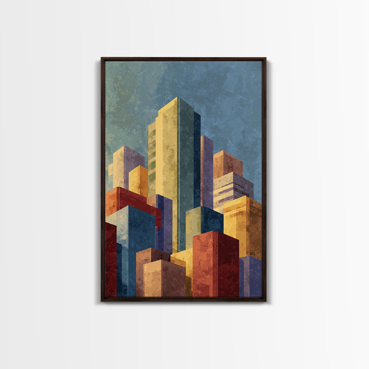 Golden Abstract City Skyline Wall Art, Mid Century Modern Print, Urban Architecture Decor, Colorful Office Living Room Poster