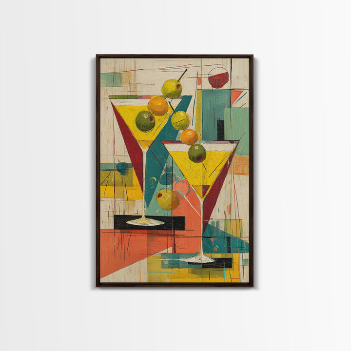 Retro Martini Glasses With Olives Wall Art, Mid Century Modern Bar Cart Decor, Cocktail Poster, Colorful Kitchen Art Print