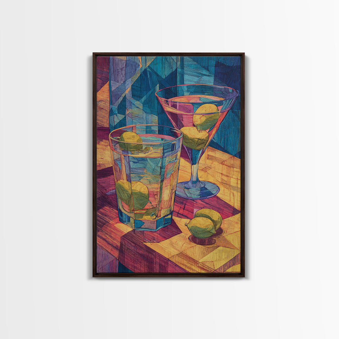 Cubist Cocktail Glasses With Limes Framed Canvas Print, Colorful Retro Wall Decor, Bar Cart Poster, Modern Kitchen Art Print