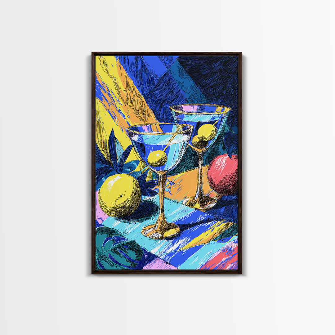 Bold Blue Martini Glasses With Lemons Canvas Print, Colorful Pop Art Bar Decor, Retro Cocktail Poster, Funky Kitchen Art