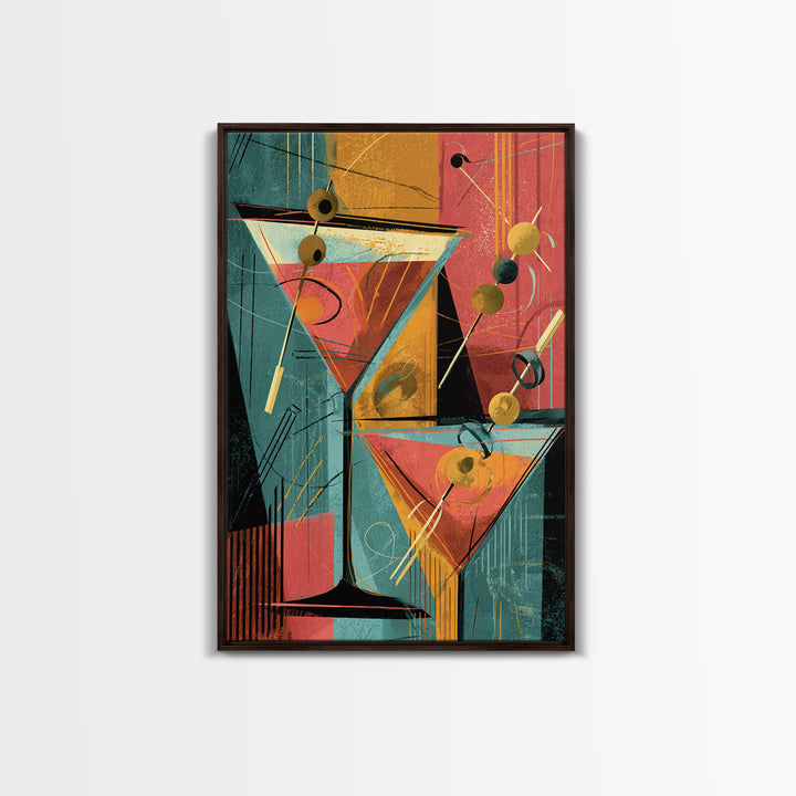 Atomic Martini Glasses With Olives Wall Art, Mid Century Modern Bar Decor, Retro Cocktail Poster, Geometric Kitchen Print