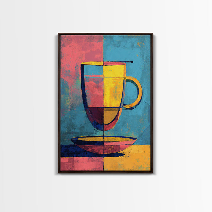 Colorful Modern Mug On Saucer Canvas Print, Mid Century Coffee Wall Decor, Abstract Kitchen Poster, Bold Cafe Art Print Gift