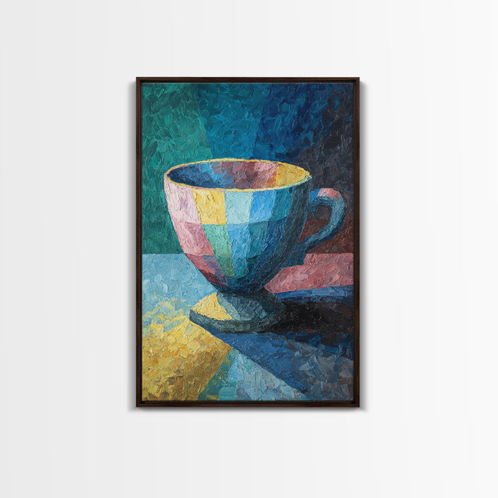 Colorful Teacup Oil Painting Canvas Print, Modern Kitchen Wall Art, Coffee Lover Gift, Vibrant Cafe Decor, Fine Art Print