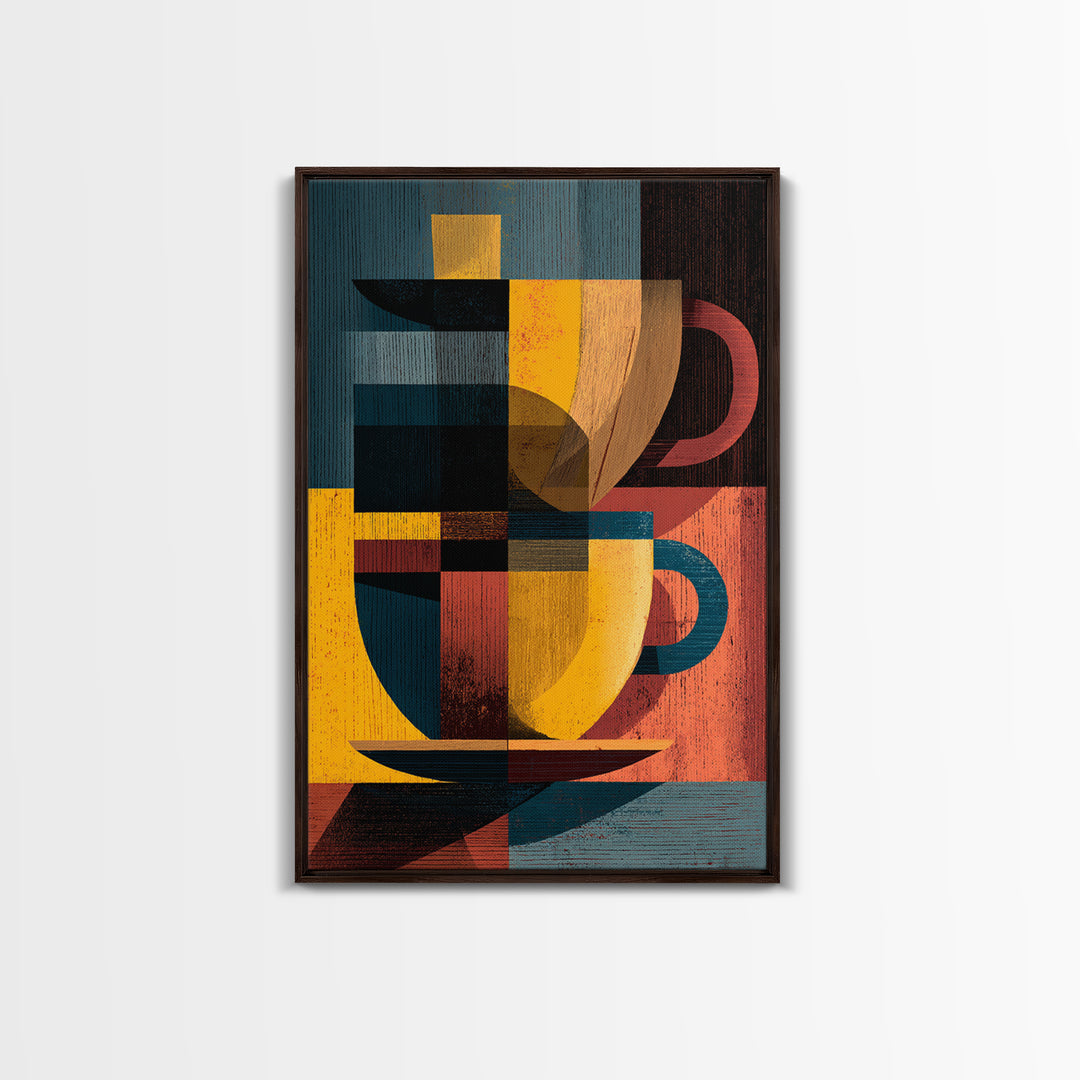 Geometric Cubist Coffee Cups Framed Canvas Print, Midcentury Modern Wall Art, Retro Kitchen Decor, Bold MCM Art Print, Home Decor