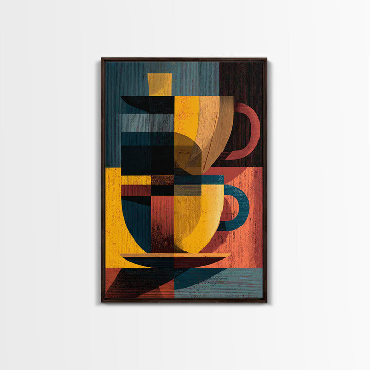 Geometric Cubist Coffee Cups Framed Canvas Print, Midcentury Modern Wall Art, Retro Kitchen Decor, Bold MCM Art Print, Home Decor