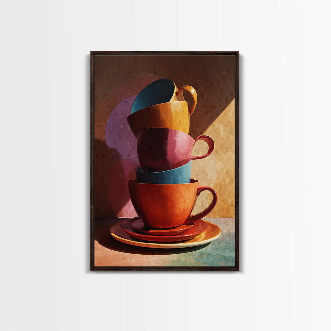 Stacked Colorful Coffee Cups Canvas Print, Modern Kitchen Wall Art, Retro Cafe Poster, Bright Home Decor, Coffee Lover Gift