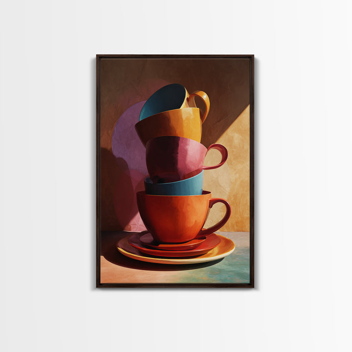 Stacked Colorful Coffee Cups Canvas Print, Modern Kitchen Wall Art, Retro Cafe Poster, Bright Home Decor, Coffee Lover Gift