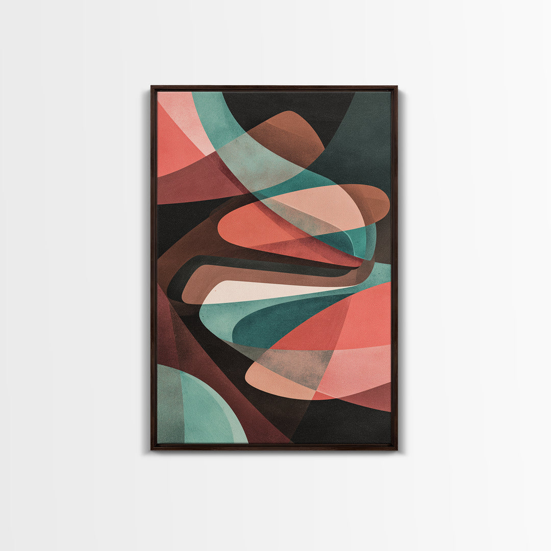 Coral Teal Dark Abstract Canvas Print, Modern Wall Art, Retro Geometric Decor, Moody Midcentury Living Room Poster, Home Office Art