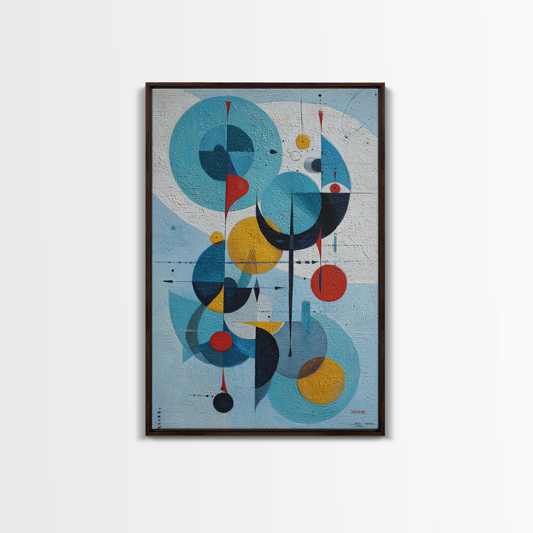 Blue Circle Bauhaus Framed Canvas Print, Midcentury Modern Wall Art, Atomic Geometric Artwork, Red Yellow MCM Decor, Living Room