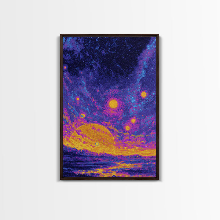 Starry Ocean Sunset Canvas Print, Cosmic Retro Wall Art, Yellow Purple Galaxy Decor, Dreamy Modern Seascape Poster, Living Room