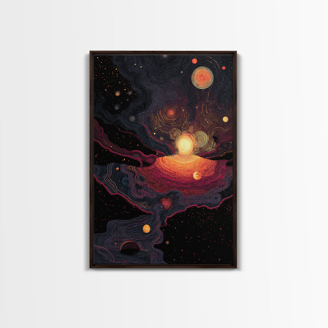 Cosmic Orange Nebula Planets Wall Art, Modern Abstract Art, Retro Sci Fi Decor, Space Poster, Statement Living Room Print
