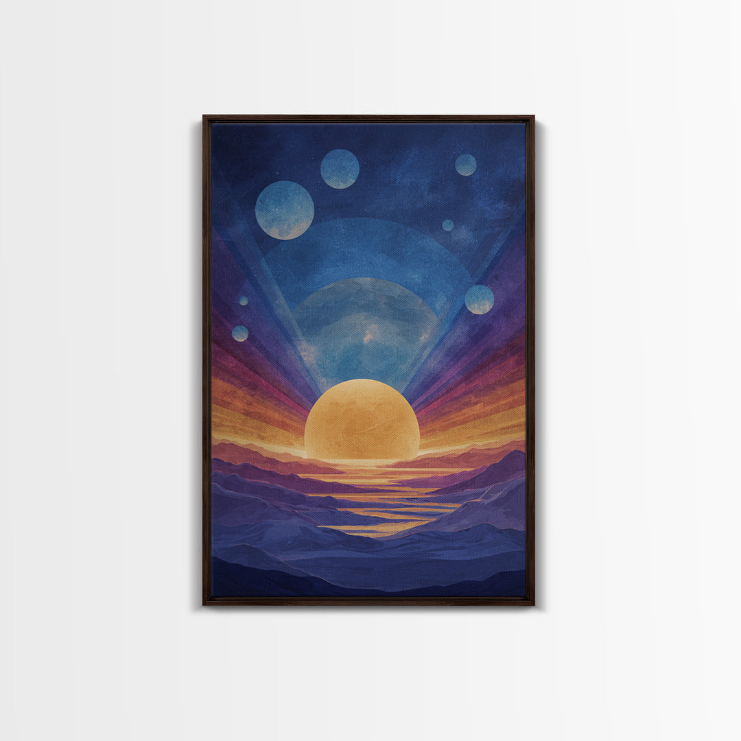 Blue Alien Sunrise Landscape Canvas Print, Modern Abstract Art, Retro Space Poster, Scenic Wall Decor, Bedroom Art Prints