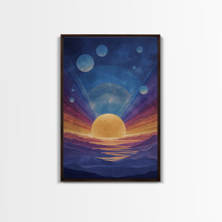 Blue Alien Sunrise Landscape Canvas Print, Modern Abstract Art, Retro Space Poster, Scenic Wall Decor, Bedroom Art Prints