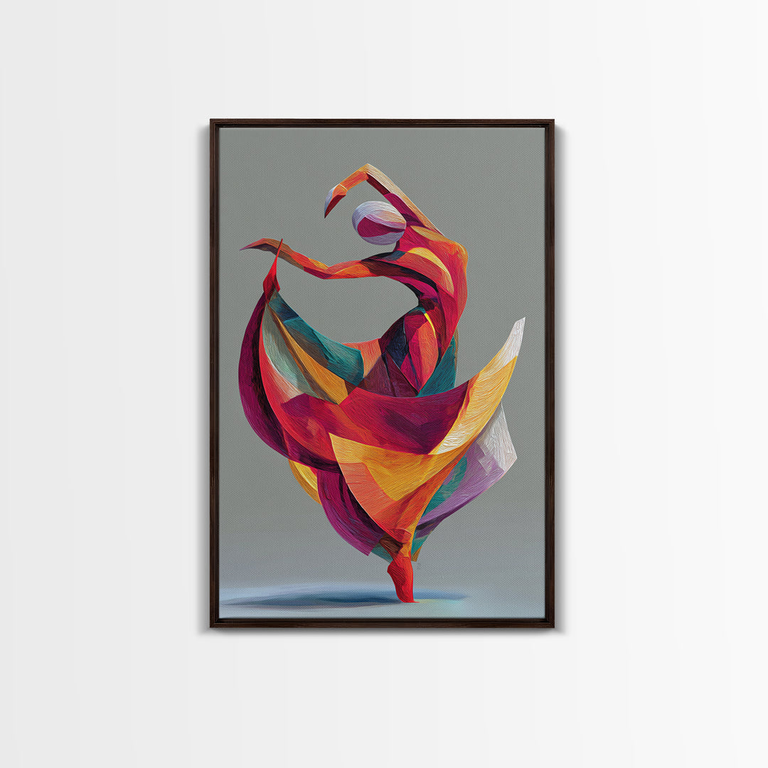 Colorful Geometric Dancer Framed Canvas Print, Modern Abstract Art, Bold MCM Wall Art, Textile Inspired Statement Decor Print