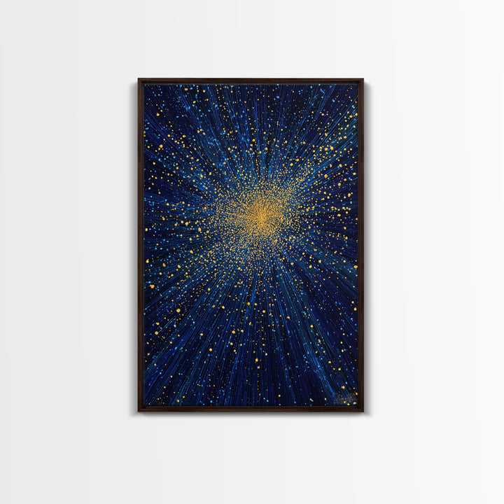 Blue And Gold Starburst Wall Art, Cosmic Particle Explosion, Space Abstract Art, Modern Art Print, Large Living Room Decor