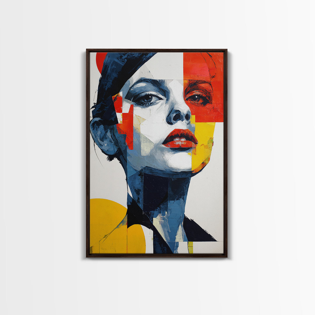 Bold Cubist Woman Portrait Framed Canvas Print, Red Yellow Blue Abstract Wall Art, Pop Art Poster, Modern Decor For Bedroom