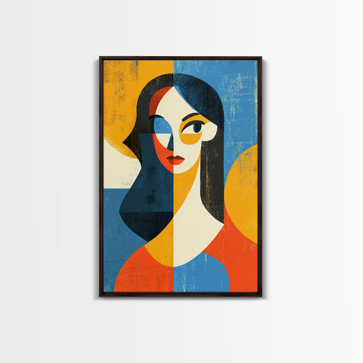 Geometric Midcentury Woman Portrait Canvas Print, Modern Abstract Art, Bauhaus Poster, Orange Blue Decor For Living Room