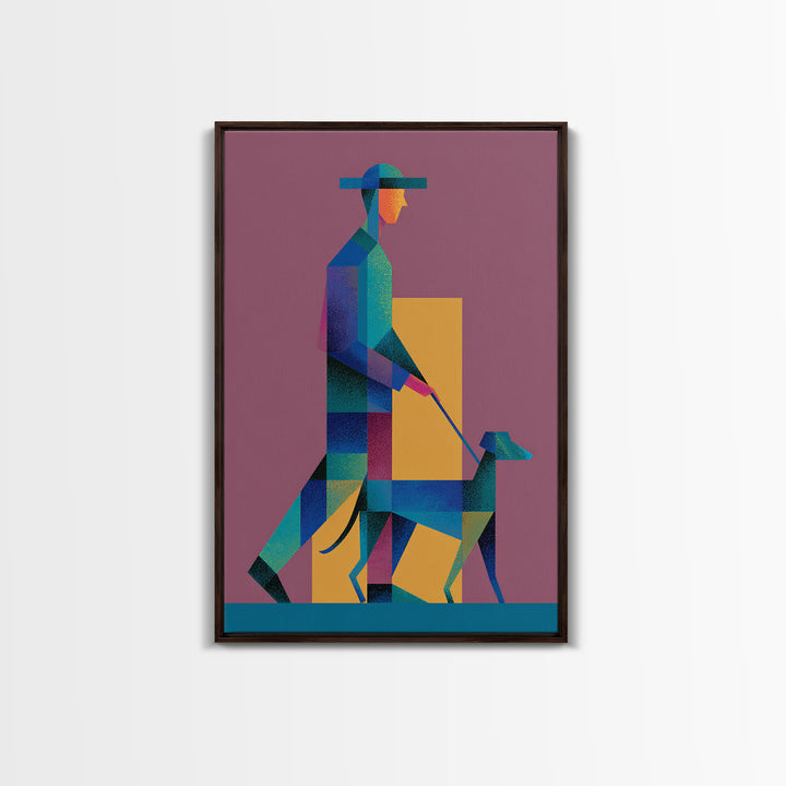 Geometric Man Walking Dog Canvas Print, Midcentury Modern Wall Art, Bauhaus Style Poster, Retro Pet Lover Home Decor Gift