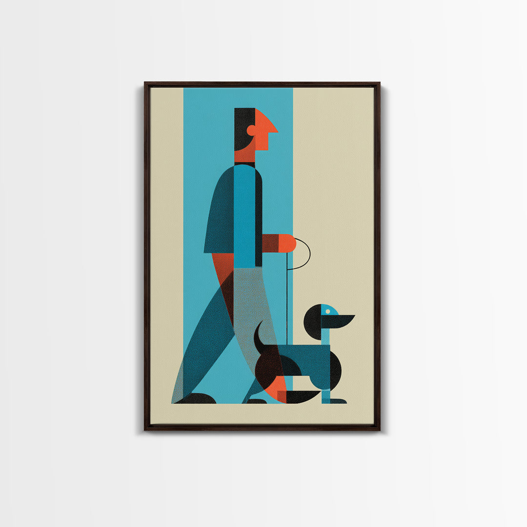 Midcentury Man With Dachshund Wall Art, Geometric Modern Art Print, Retro Dog Walker Poster, Minimalist Home Decor Gift For Dog Lovers