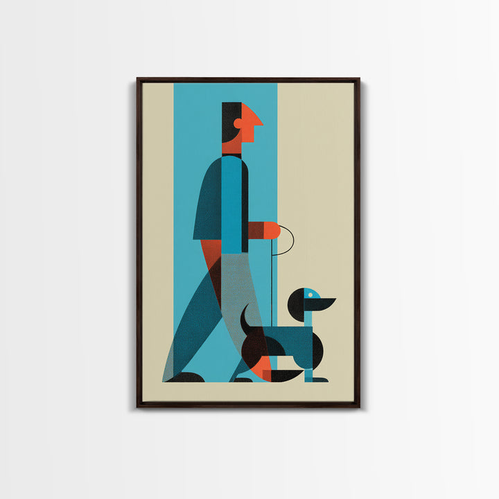 Midcentury Man With Dachshund Wall Art, Geometric Modern Art Print, Retro Dog Walker Poster, Minimalist Home Decor Gift For Dog Lovers