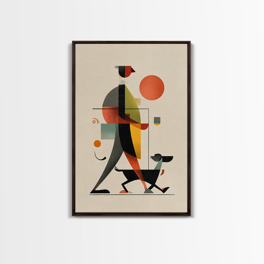Bauhaus Man Walking Dog Framed Canvas Print, Midcentury Modern Wall Art, Geometric Sun Poster, Retro Home Office Decor Gift