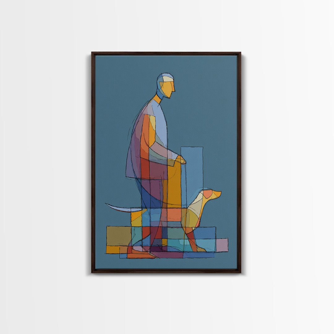 Transparent Geometric Man Dog Wall Art, Midcentury Modern Art Print, Abstract Line Drawing, Blue Bauhaus Living Room Decor