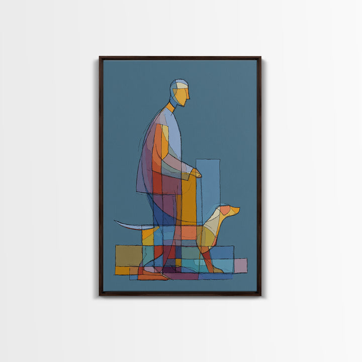 Transparent Geometric Man Dog Wall Art, Midcentury Modern Art Print, Abstract Line Drawing, Blue Bauhaus Living Room Decor