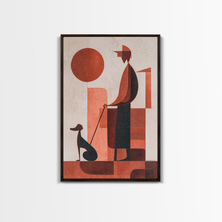 Retro Red Man With Dog Wall Art, Midcentury Modern Art Print, Geometric Sun Poster, Burnt Orange Home Decor Gift For Him