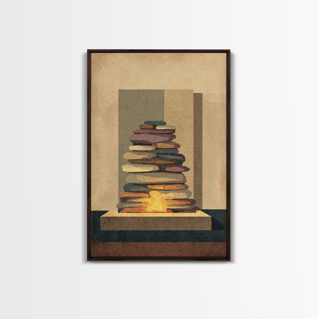 Stacked Stone Hearth With Glowing Fire Wall Art, Midcentury Modern Abstract Print, MCM Decor, Earth Tone Living Room Wall Decor