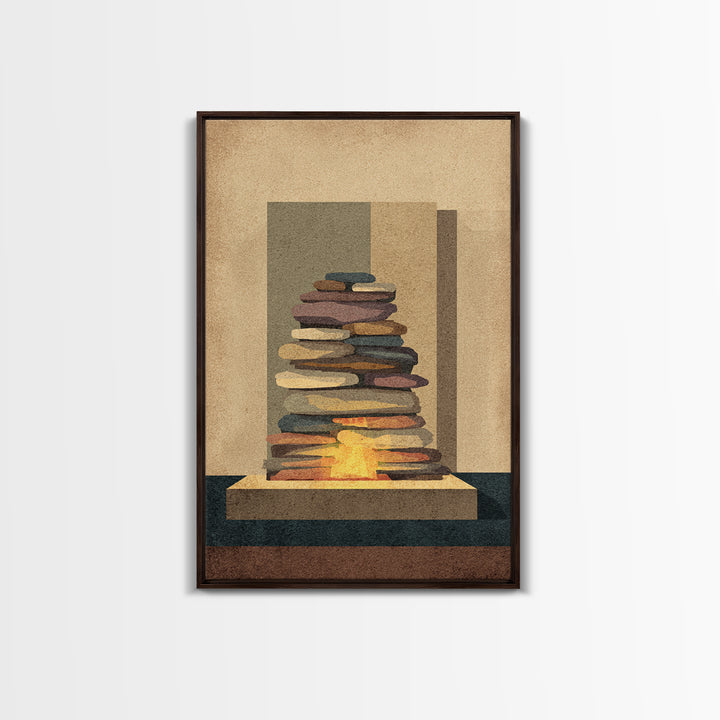 Stacked Stone Hearth With Glowing Fire Wall Art, Midcentury Modern Abstract Print, MCM Decor, Earth Tone Living Room Wall Decor