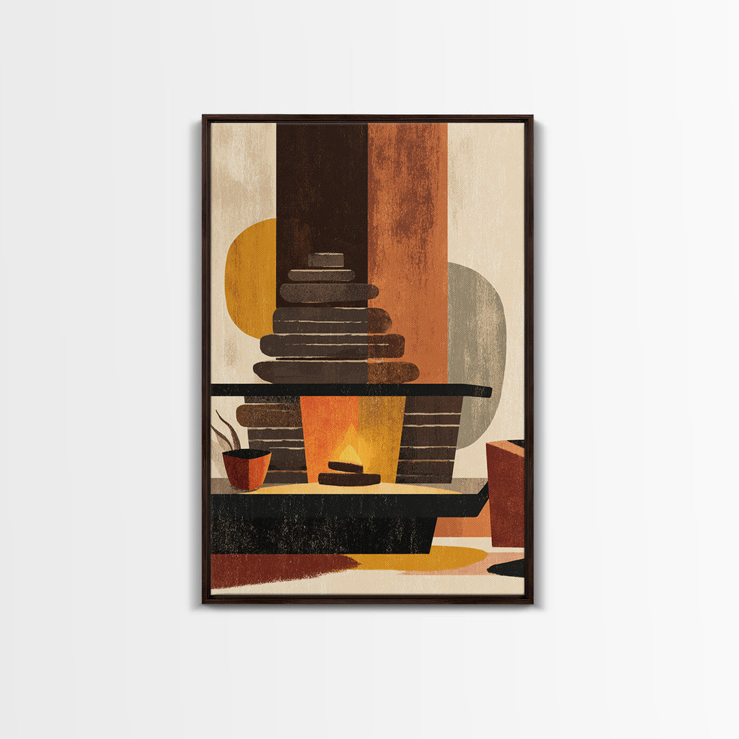 Retro Fireplace And Plant Canvas Print, Midcentury Modern Wall Art, Atomic Ranch Decor, Orange Teal Living Room Poster Prints