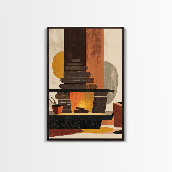 Retro Fireplace And Plant Canvas Print, Midcentury Modern Wall Art, Atomic Ranch Decor, Orange Teal Living Room Poster Prints