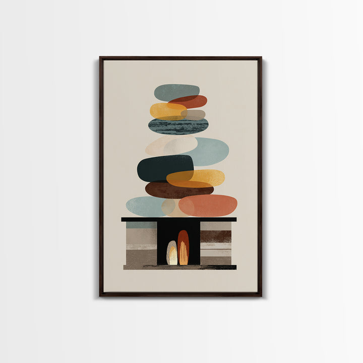 Balanced Pebble Stack Over Fireplace Framed Canvas Print, Midcentury Abstract Wall Art, Neutral MCM Decor, Colorful Home Art