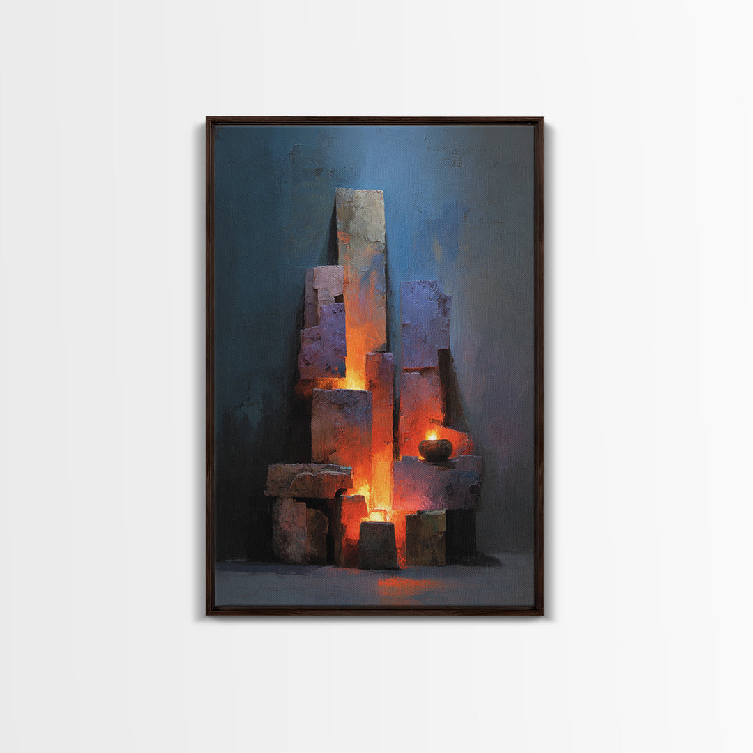 Glowing Brutalist Blocks And Candle Wall Art, Modern Abstract Art Print, Moody Blue Orange Decor, Industrial Home Office Poster
