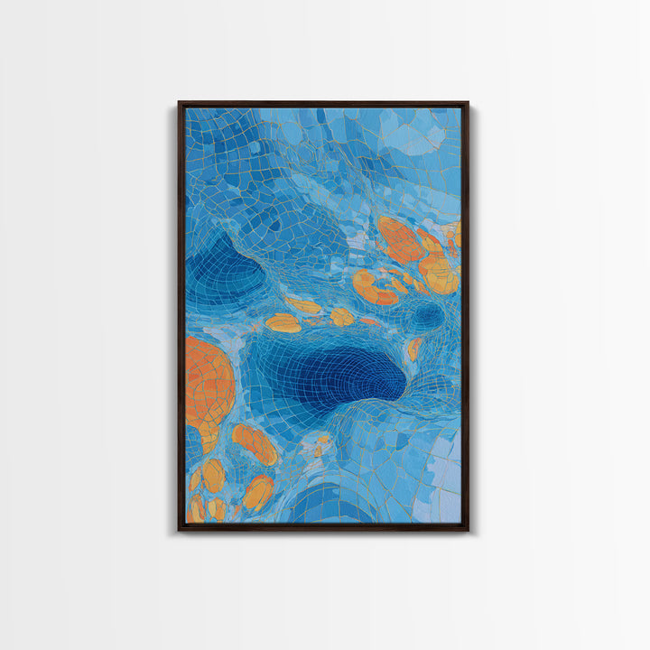 Blue Orange Warped Mosaic Grid Canvas Print, Modern Abstract Art, Op Art Wall Decor, Geometric Wall Art For Living Room Decor