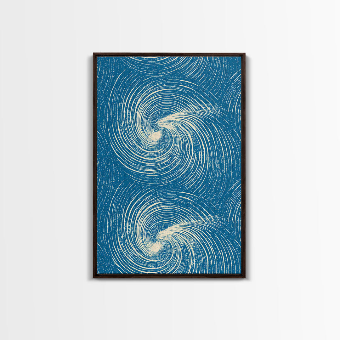 Teal Cream Double Spiral Wave Abstract Canvas Print, Retro Modern Wall Art, Coastal Geometric Poster, Blue Living Room Decor