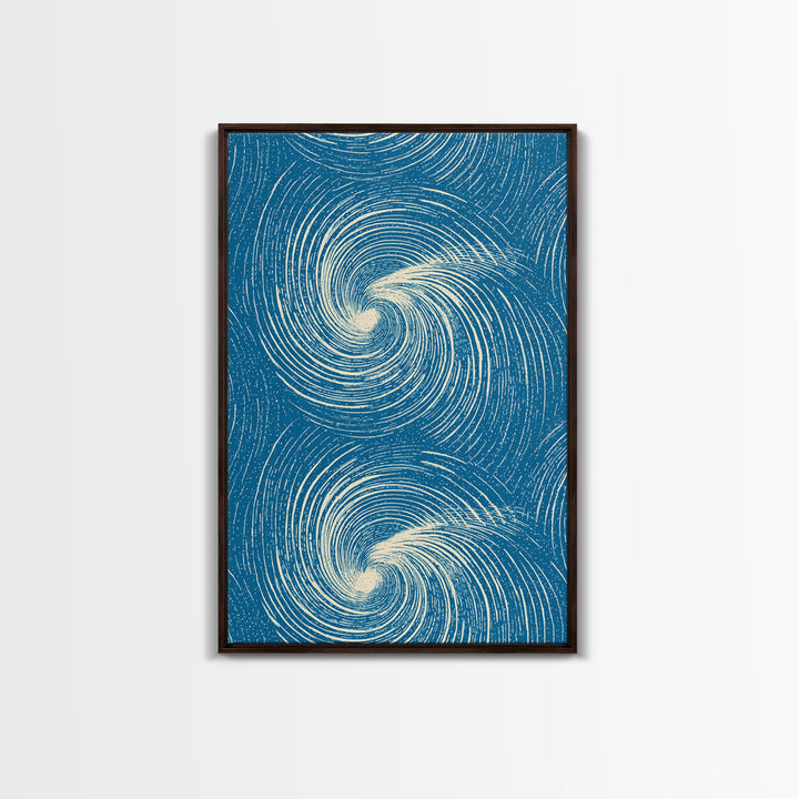 Teal Cream Double Spiral Wave Abstract Canvas Print, Retro Modern Wall Art, Coastal Geometric Poster, Blue Living Room Decor