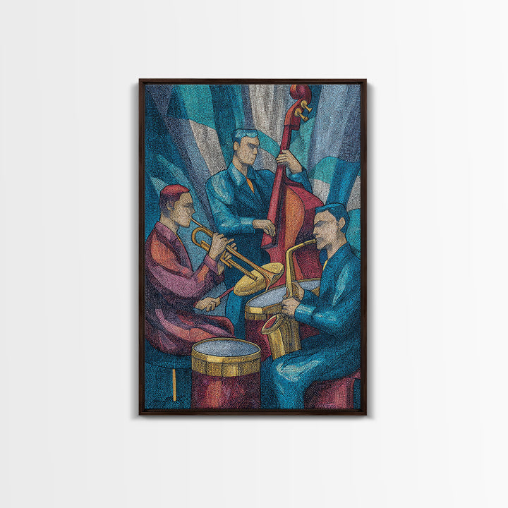 Colorful Jazz Band Trumpet Bass Drums Framed Canvas Print, Midcentury Modern Wall Art, Music Room Decor, Retro Poster Gift