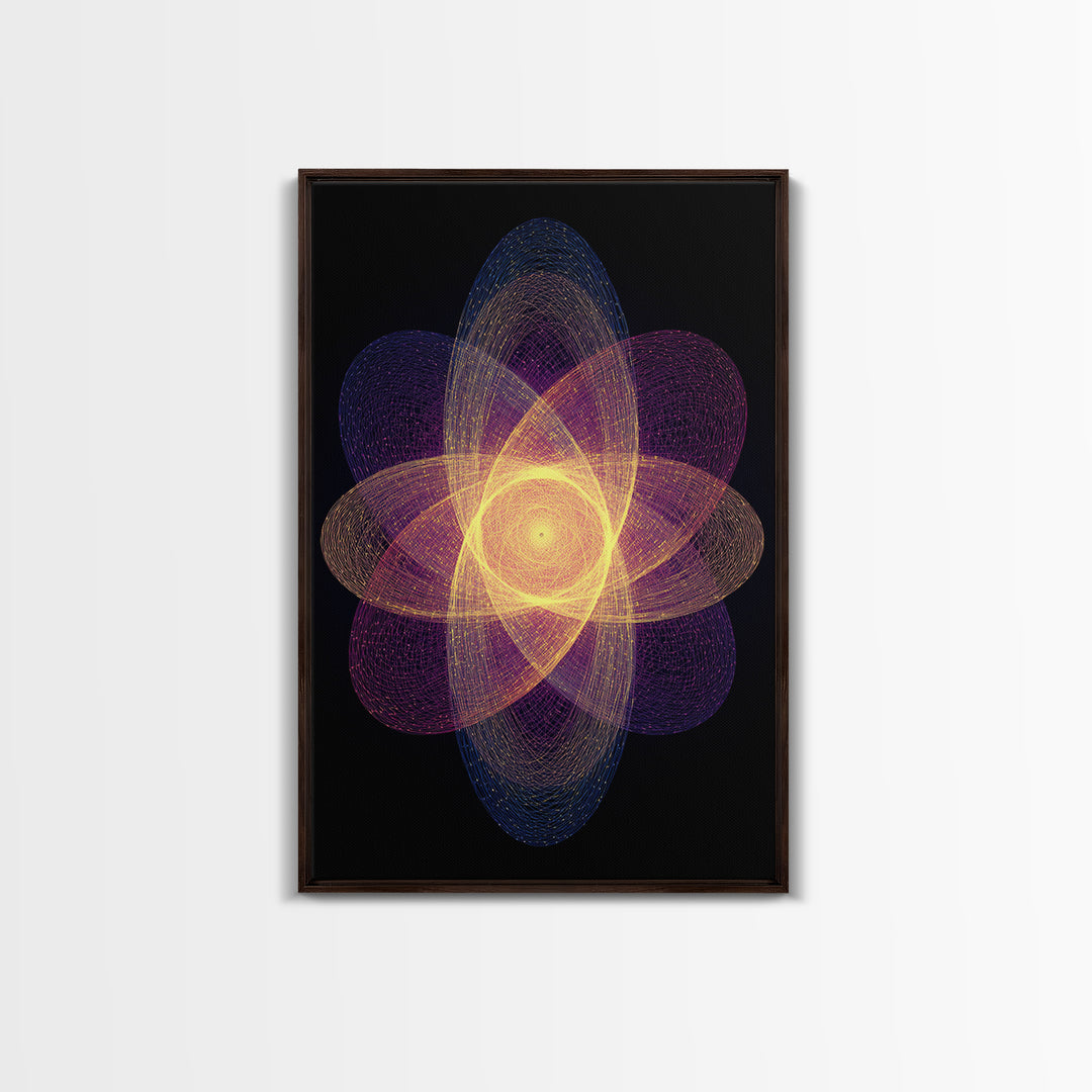Radiant Purple Gold Atomic Flower Framed Canvas Print, Midcentury Modern Wall Art, Cosmic Geometric Art, Retro Decor Poster