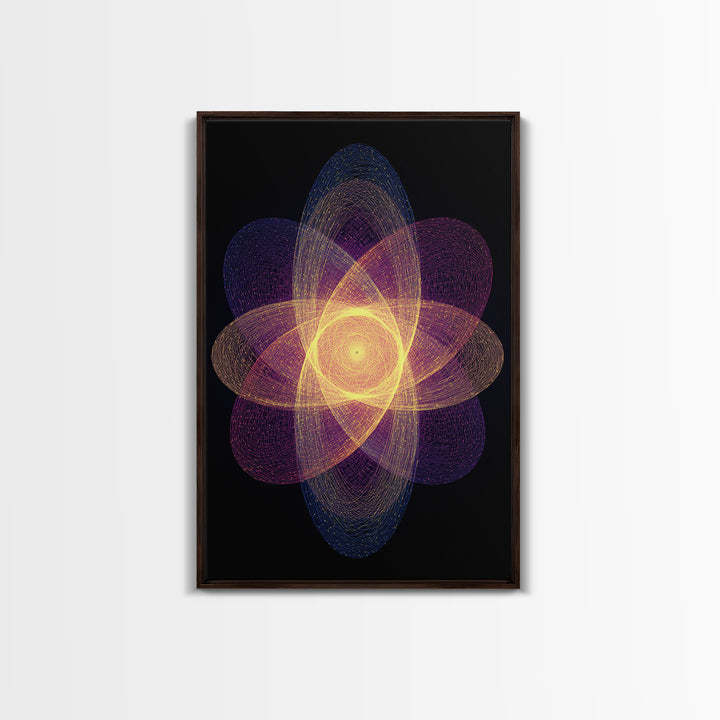 Radiant Purple Gold Atomic Flower Framed Canvas Print, Midcentury Modern Wall Art, Cosmic Geometric Art, Retro Decor Poster
