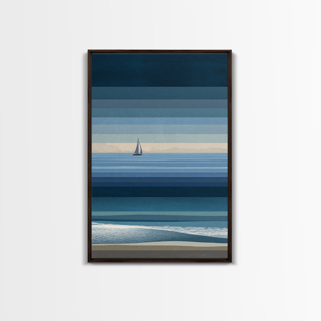 Minimal Blue Sailboat Seascape Wall Art, Coastal Landscape Art Print, Modern Wall Decor, Calm Ocean Nautical Home Decor Gift
