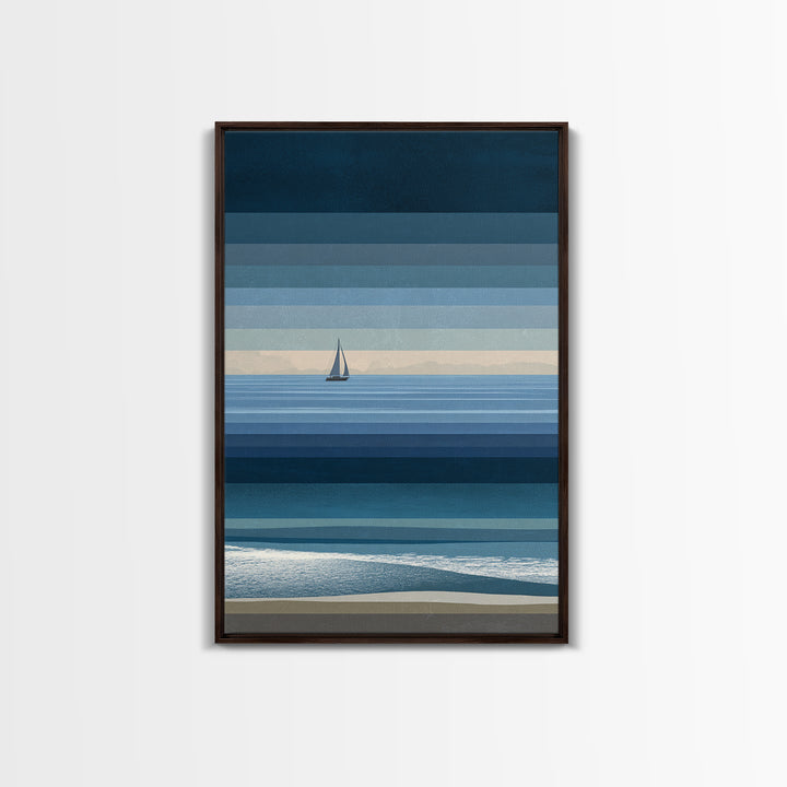 Minimal Blue Sailboat Seascape Wall Art, Coastal Landscape Art Print, Modern Wall Decor, Calm Ocean Nautical Home Decor Gift