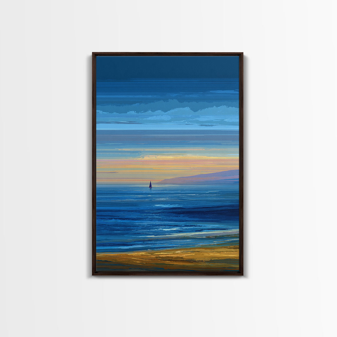 Blue Coastal Sunset Sailboat Framed Canvas Print, Ocean Beach Wall Art, Modern Landscape Art, Nautical Living Room Decor