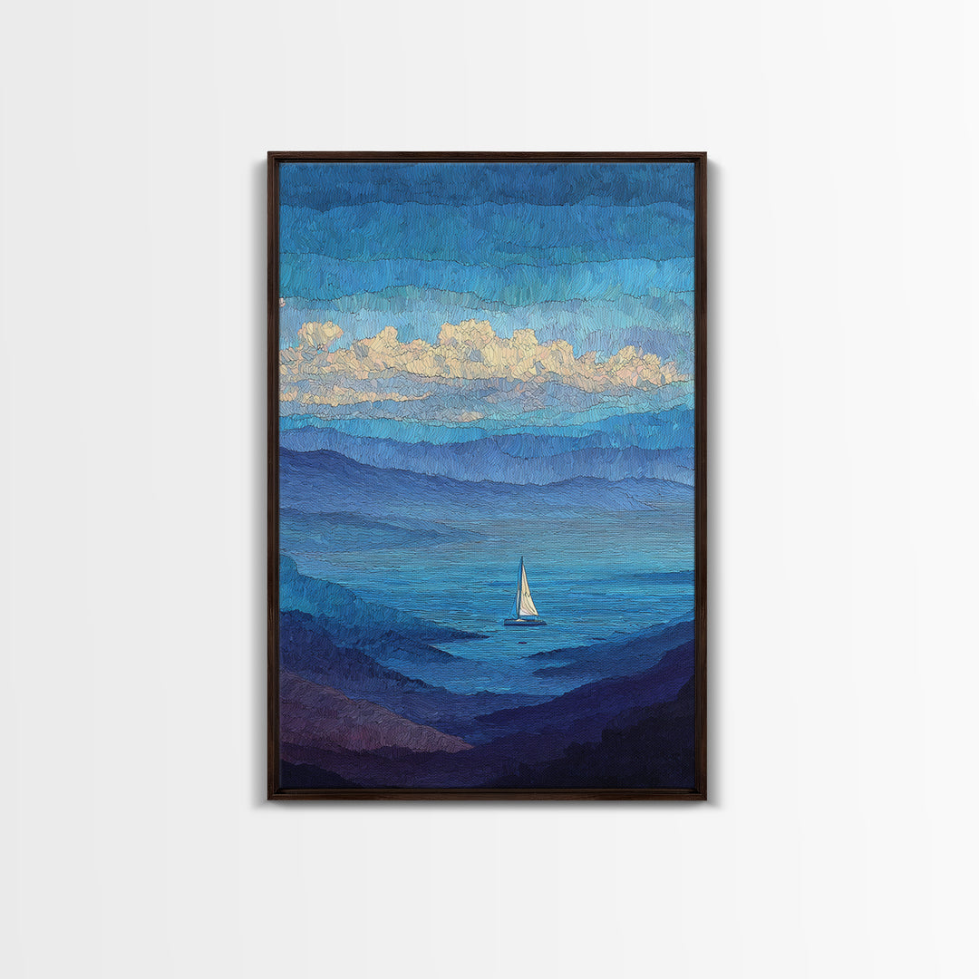 Textured Blue Mountain Lake Sailboat Wall Art, Scenic Coastal Landscape Print, Modern Home Decor, Peaceful Nature Artwork