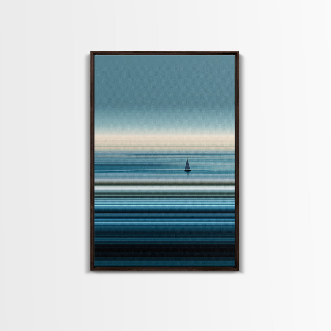 Minimalist Calm Sea Sailboat Canvas Print, Blue Horizontal Ocean Wall Art, Modern Coastal Decor, Serene Home Office Art Print