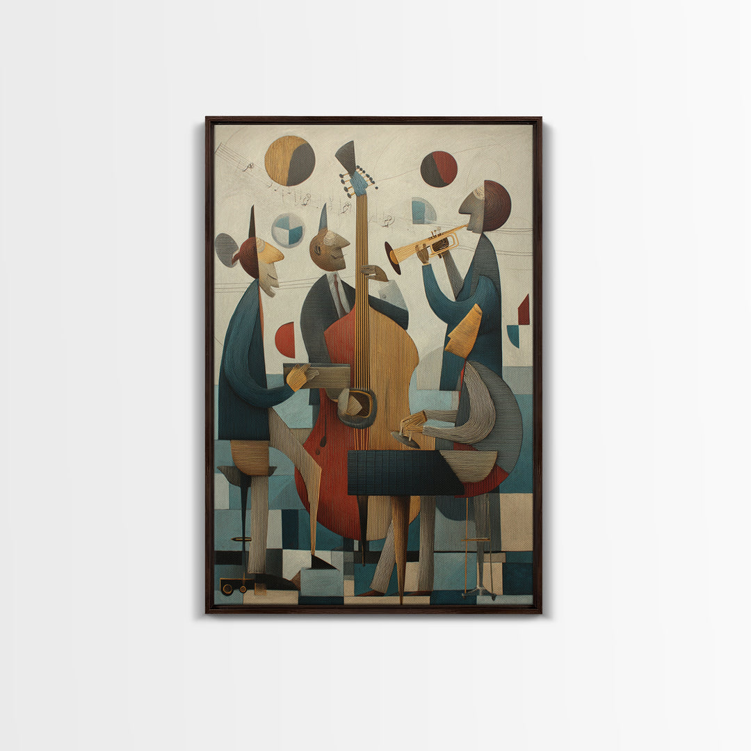 Cubist Jazz Trio With Upright Bass And Trumpet Wall Art, Midcentury Modern Art Print, Music Room Decor, Framed Canvas Print