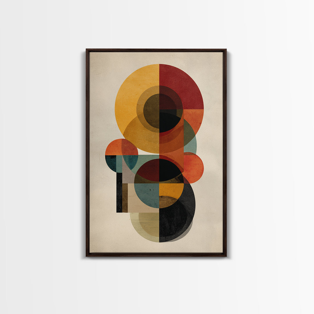 Ochre Red Teal Circle Abstract Framed Canvas Print, Midcentury Modern Wall Art, Geometric Bauhaus Home Decor Poster Print Gift