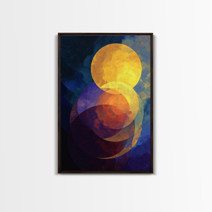Golden Celestial Circles Abstract Wall Art, Midcentury Modern Art Print, Retro Geometric Decor, Blue Orange MCM Home Decor