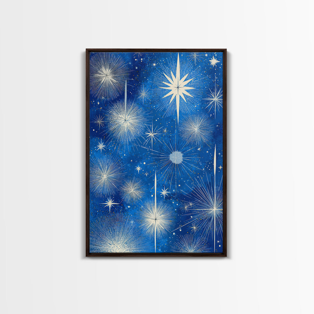 Blue Atomic Starburst Sky Wall Art, Midcentury Modern Celestial Print, Retro Space Poster, Minimalist MCM Home Decor, Blue And White